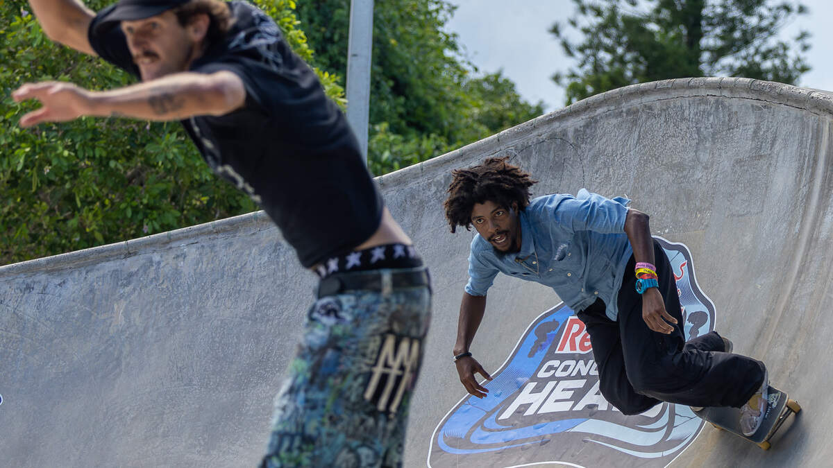 Nick Day, left, and Isiah Graham, right, compete in a head-to-head elimination round during the Concrete Heats at SkateBird Miami in Miami, Fla., on Sunday, June 21, 2026.